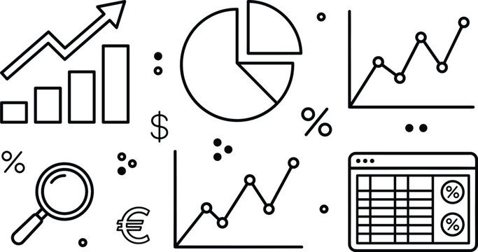 Business infographic financial chart line art vector set featuring growth bar graph pie chart spreadsheet and currency symbols