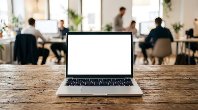Open laptop with white blank screen on a textured wooden table in a busy office background