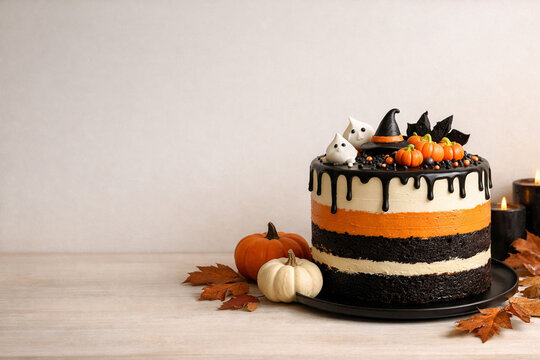 Halloween layer cake decorated with orange and black frosting and autumn leaves