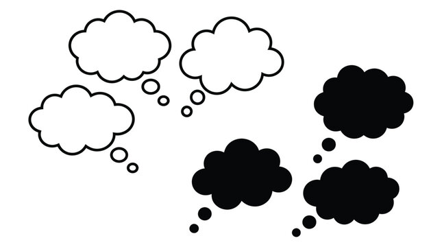Set of black and white thought bubbles vector icons in outline and filled cloud shapes for dialogue and thinking concepts.