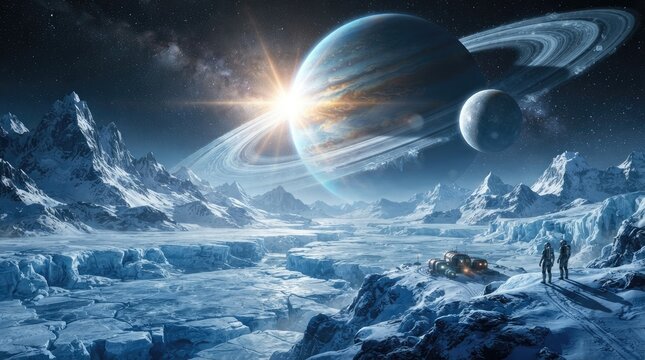 Two astronauts stand on a frozen, icy planet, gazing at a massive, swirling gas giant with prominent rings.