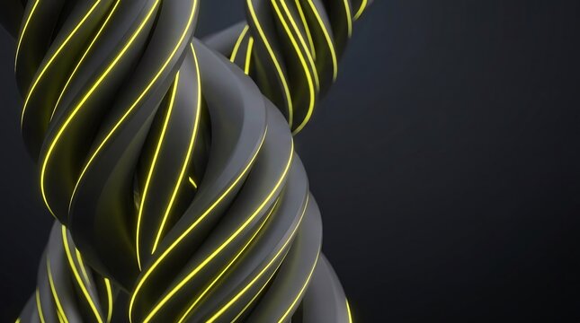An edgy, modern 3D background featuring a smooth gradation of rotating helical geometric structures in dark graphite and neon yellow.