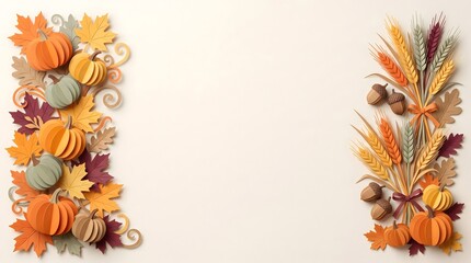 Fototapeta premium Beautiful thanksgiving border design featuring colorful autumn leaves pumpkins and harvest decorations on a light background
