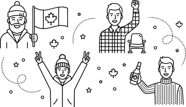 Canadian sports fans culture line art vector set featuring canada flag maple leaf cheering men beer and stars