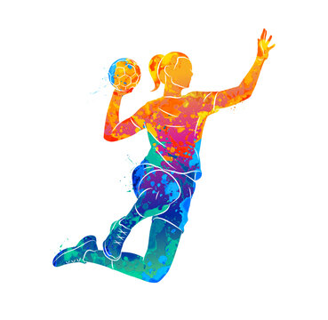 Abstract of a handball player on a white background from splash of watercolors. A woman handball player throws a ball in a jump. Vector illustration of paints