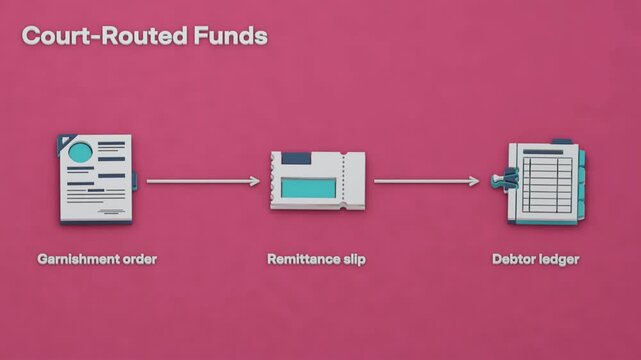 A lien notice initiates court enforcement, a garnishment writ diverts funds for remittance against the debtor ledger, and a release certificate closes the legal file. Flat 3D style.