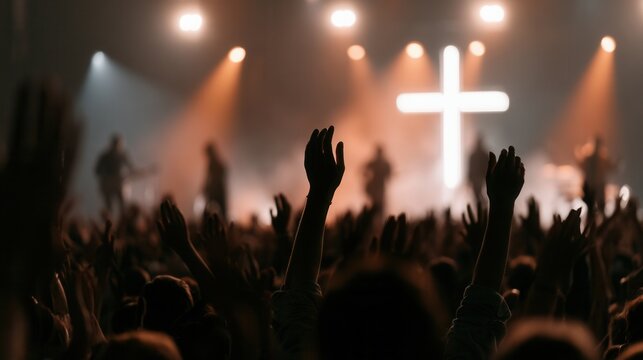 People raise their hands during a worship service in a large venue with a cross backdrop and stage lights