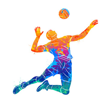 Abstract of a volleyball player in a dynamic jump during a game from splash of watercolors. The athlete is depicted hitting or serving the ball overhead. Vector illustration of paints