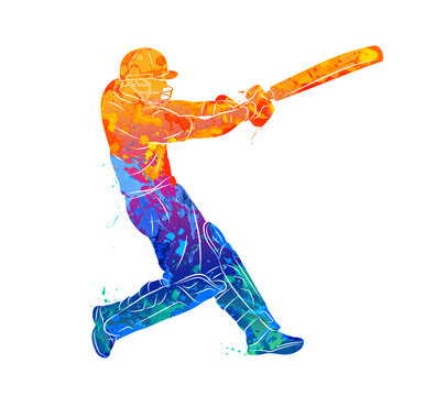 A batsman playing cricket. Abstract of a cricket batsman. A cricketer in dynamic motion while hitting a ball with a bat from splash of watercolors. Vector illustration of paints