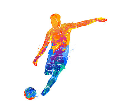 Abstract football soccer player man in action kicks a ball isolated white background from splash of watercolors. Vector illustration of paints