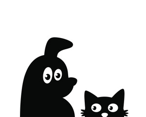 Fototapeta premium Minimalist black silhouette of a cute dog and a cat looking sideways, isolated on a white background, simple for pet related concepts