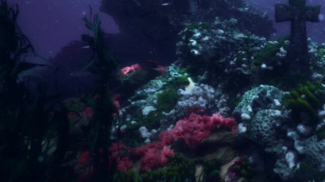 Beneath the waves, a vibrant underwater scene reveals lush coral reefs and ancient ruins. Colorful marine life swims among the corals, creating a mesmerizing tableau filled with life.