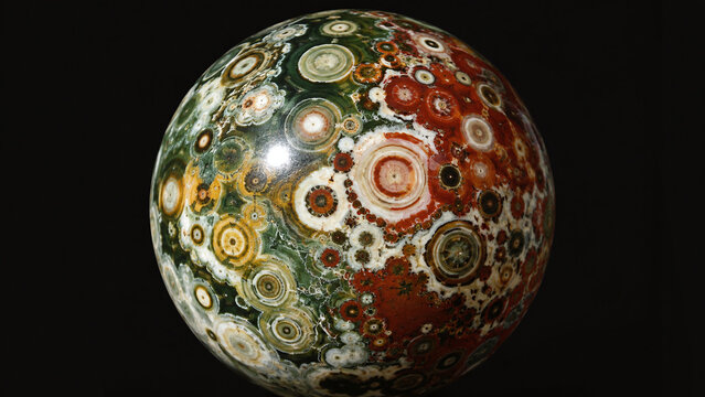 Ocean jasper polished sphere macro showing extraordinary orbicular eye patterns in forest green red orange cream white golden yellow concentric rings on dark background