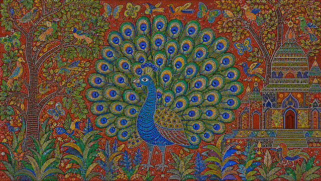 Gond tribal art sacred peacock with patterned tail fan display in dense dot-line forest with temple cobalt blue teal emerald gold on terracotta red background Madhya Pradesh