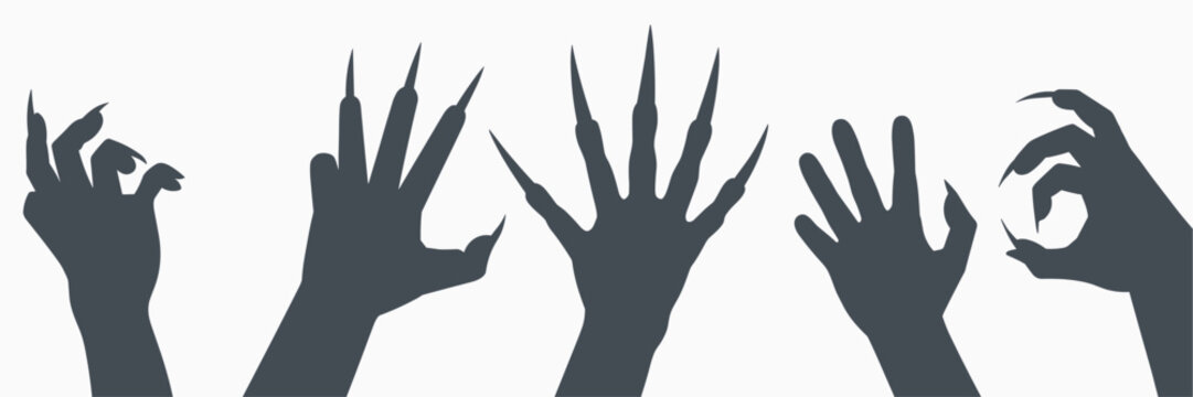 Set of five dark grey human hand silhouettes with sharp pointed fingernails or claws, reaching and grasping poses, isolated on a white background, for horror themed