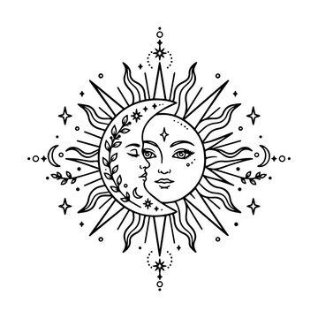 Celestial Sun and Moon Mystical Line Art Illustration 