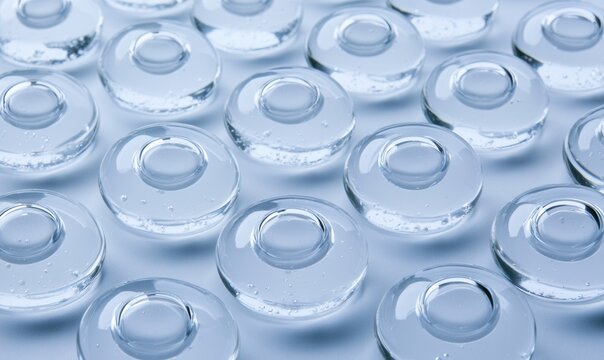Clear glass discs arranged on a flat surface in a random pattern showcasing their transparency and shapes