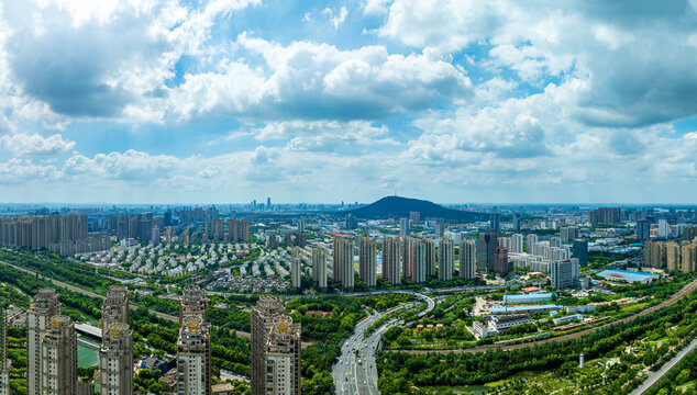 Hefei Dashu Mountain Panorama: Urban Landscape and Green Hills Under Blue Skies