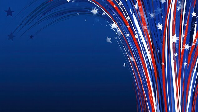 Colorful fireworks display in blue background with stars and stripes for celebration