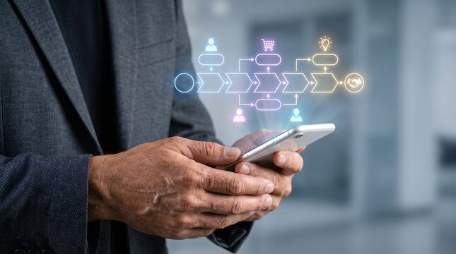 Male hands holding white smartphone with glowing customer journey map hologram showing illuminated stages and user icons on soft background for marketing experience and user path analysis concept