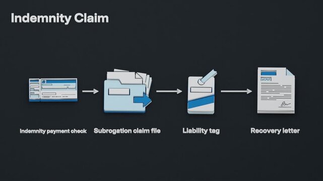 An insurer pays indemnity, files a subrogation claim, establishes liability, and demands reimbursement from the liable party. Flat 3D style.