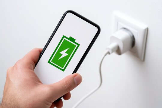 Close-up Person hand showing a modern smartphone plugged into a white wall outlet socket. Bright screen displays a green battery icon logo with a lightning bolt symbol indicating fast charging process