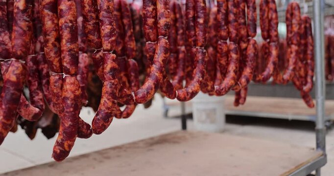Traditional Chinese lunar new year food: dried sausage in chengdu city,China