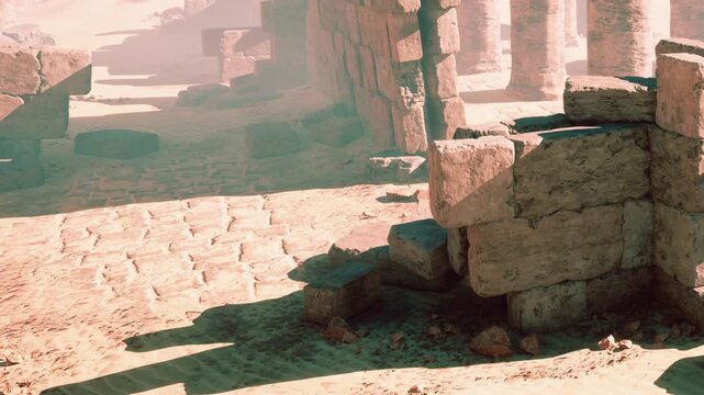 Sunlight pours over weathered stones in a vast desert, illuminating ancient ruins. Shadows dance on the ground, revealing a forgotten world of history and mystery.