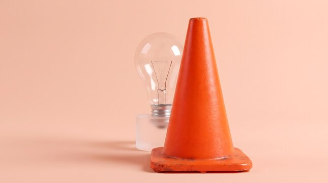 Orange Traffic Cone Placed in Front of a Transparent Clear Light Bulb on Pastel Background