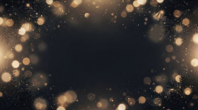 Elegant Christmas background with golden bokeh lights and pine branches on dark background with copy space