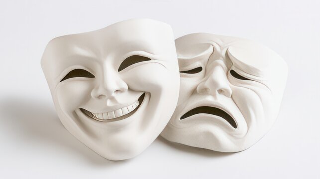 Masks representing comedy and tragedy sitting side by side on a plain background in an indoor setting