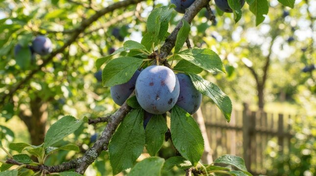 A branch of a plum tree is laden with ripe plums. The plums are a deep purple color and are clustered together on the branch. 