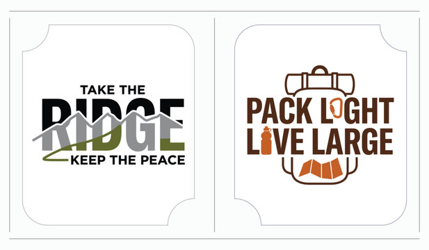 Set of two outdoor adventure camping and hiking logo designs with mountain and backpack icons
