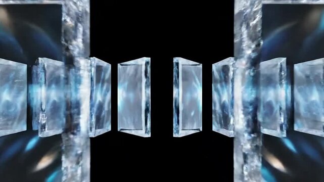Crystal Gates Opening in Black Space, Futuristic Transparent Structures Revealing Deep Darkness, Premium Cinematic VFX Background
