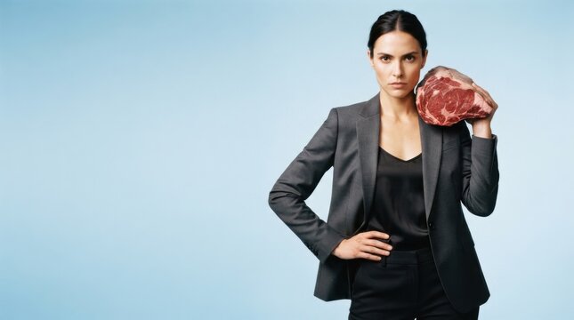 Confident Woman Holding Large Piece of Meat