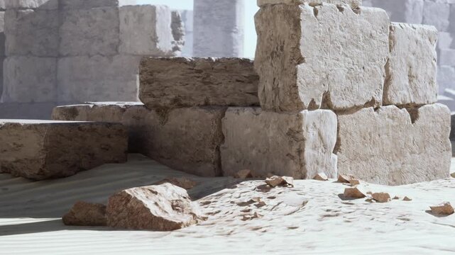 Sunlight bathes the weathered stones of an ancient ruin nestled in golden sands. The scene captures the quiet beauty of a forgotten place, inviting exploration and wonder.