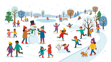 Naklejka premium A group of miniature figures in winter coats engage in park activities—constructing a snowman, tossing snowballs, and walking a dog—depicted in a vibrant flat cartoon vector illustration