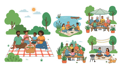 Fototapeta premium A summer picnic set in nature, featuring happy groups of people relaxing outdoors with food, as families and friends gather in parks, gardens, lakesides, or backyard tables, rendered in flat vector