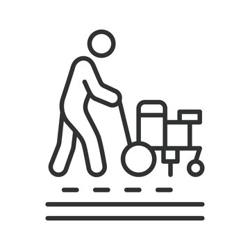 Applying road markings, icon in line design. road marking application, applying road markings, road painting, pavement marking on white background vector. Editable stroke icon.