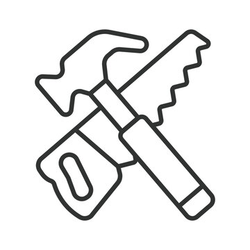 Construction and repair tools icon in line design. Tools, construction, repair, DIY, carpentry, hammer, saw on white background vector. Construction and repair tools editable stroke icon