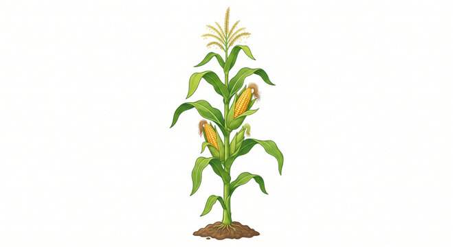 Fresh green corn stalk with ripe ears growing in soil illustration