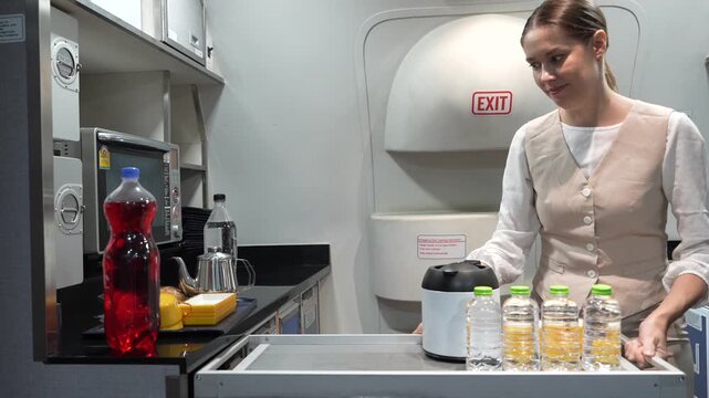 Female flight attendant holds a tray of food and prepares breakfast for passengers in the cabin on an international flight.Airline Service and traveler Concept