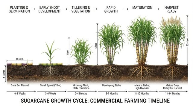 The image illustrates a commercial sugarcane farming timeline, depicting the growth stages from planting to harvest. It shows a progression of sugarcane stalks 