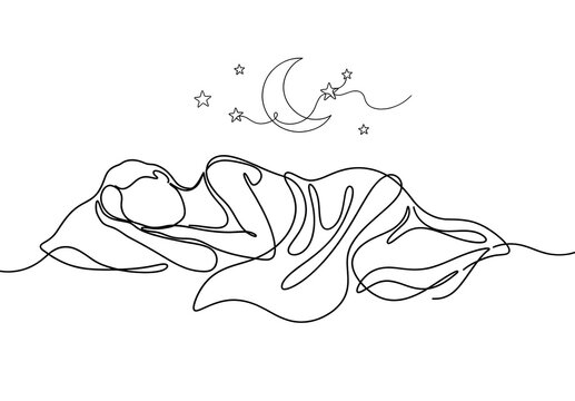 Continuous line art female silhouette sleeping peacefully in bed under line art stars