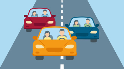 Naklejka premium Flat design illustration of cars with drivers and passengers on a road