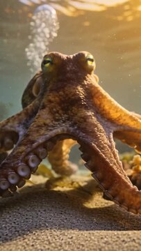 Vertical video: Probing octopus reacting to rising bubbles, reaching on shallow sand with suckers