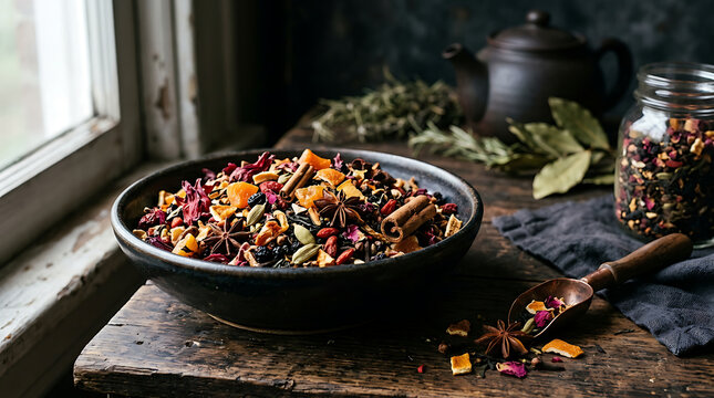 Loose herbal tea blend in a dark ceramic bowl on a rustic wooden table with spices