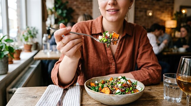 A hand holding a fork presents creative, healthy food for people to taste and eat, while artful photography captures images of diet, fashion, vegetarianism, all ready to eat and sharp