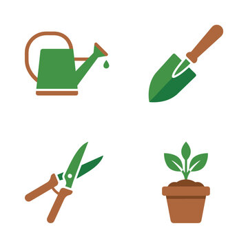 Set of gardening tool icons for planting and maintenance