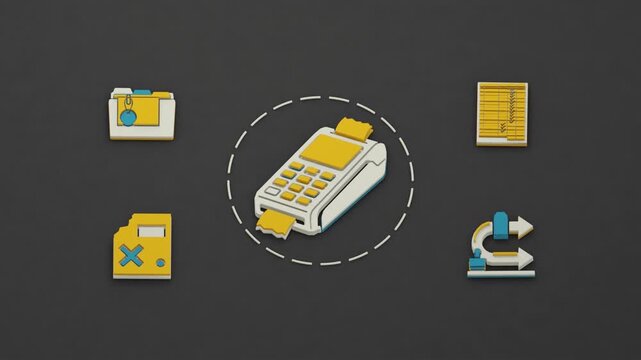 A processor handles a disputed card payment through file review, ledger reconciliation and reversal posting, with one stage in focus while the others await attention. Flat 3D style.